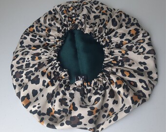 Women's Vegan Silky Satin Leopard Print Reversible Hair Bonnet Sleep Cap Double Sided Medium Size