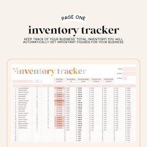 May include: A pink and white spreadsheet with the title "inventory tracker" and columns for product name, quantity, total value, inventory cost, and inventory profit. The spreadsheet is used to track inventory for a business.