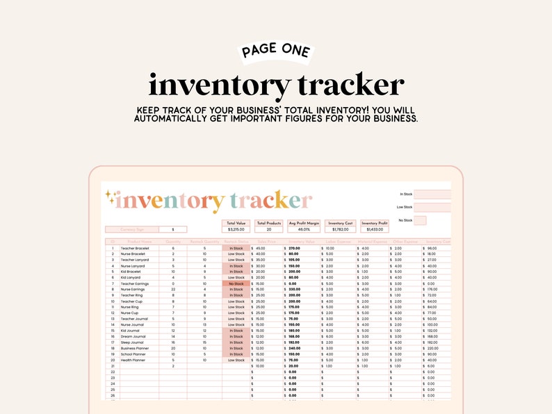 May include: A pink and white spreadsheet with the title "inventory tracker" and columns for product name, quantity, total value, inventory cost, and inventory profit. The spreadsheet is used to track inventory for a business.