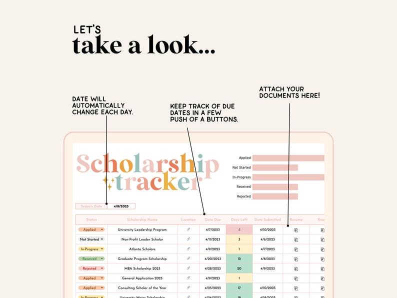 Puede incluir: Una captura de pantalla de una computadora que muestra una aplicaci&oacute;n de seguimiento de becas. La aplicaci&oacute;n tiene un t&iacute;tulo colorido que dice "Scholarship tracker" y una tabla con columnas para el nombre de la beca, la ubicaci&oacute;n, la fecha de vencimiento, los d&iacute;as restantes, la fecha de env&iacute;o y la revisi&oacute;n. La fecha en la pantalla es 4/18/2023.