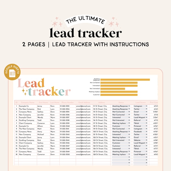 Lead Tracker Spreadsheet | Google Sheets | Client Sales Tracker | Lead Generation Tracker | College Spreadsheet | Sales Lead Spreadsheet |