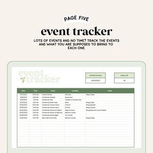 May include: A green and white laptop screen displaying a printable event tracker with a list of events, dates, times, locations, and notes. The text "event tracker" is at the top of the screen. The text "Christmas Day 12/25/2023" is in a box at the top right of the screen.