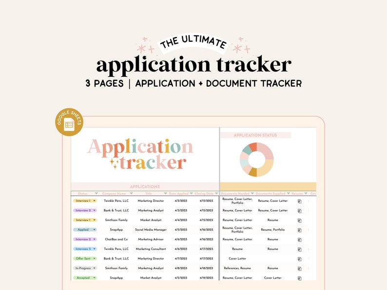 May include: A computer screen displaying a Google Sheets spreadsheet with a colorful application tracker. The spreadsheet includes columns for company name, job title, application date, closing date, documents submitted, and application status. The spreadsheet also includes a pie chart showing the application status.