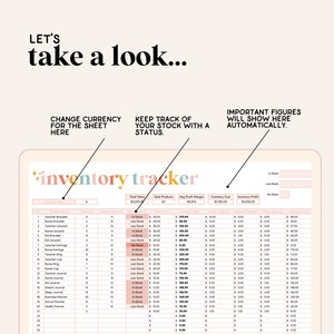 May include: A colorful spreadsheet on a laptop screen titled "inventory tracker" with columns for product name, quantity, price, and inventory status. The spreadsheet is used to track inventory levels and calculate profit margins.