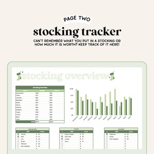 May include: A digital spreadsheet on a computer screen with a green and white color scheme. The spreadsheet is titled "stocking overview" and is used to track gifts for the holidays. The spreadsheet includes a list of names, a budget column, and an actual column. There is also a bar graph that shows the budget and actual spending for each person.