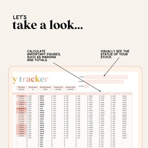 May include: A screenshot of a spreadsheet on a laptop screen with the title "y tracker". The spreadsheet is used to track inventory, profit margins, and sales. The spreadsheet is color-coded to show the status of each item in stock, with green for in stock, yellow for low stock, and red for out of stock.