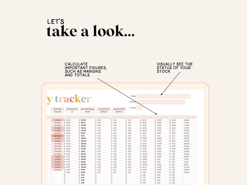 May include: A screenshot of a spreadsheet on a laptop screen with the title "y tracker". The spreadsheet is used to track inventory, profit margins, and sales. The spreadsheet is color-coded to show the status of each item in stock, with green for in stock, yellow for low stock, and red for out of stock.