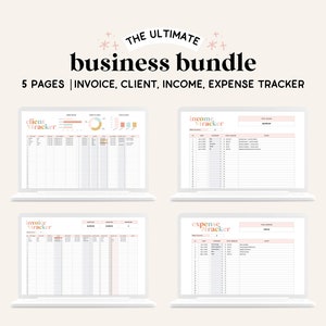 May include: A laptop screen displaying four spreadsheets labeled "client tracker", "income tracker", "invoice tracker", and "expense tracker". The spreadsheets are designed to help track business finances.