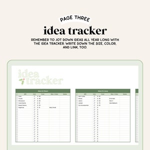 May include: A digital page with the title "idea tracker" and a green and white holly design. The page is divided into two sections, "Ideas for Women" and "Ideas for Luxury". Each section has a list of items with checkboxes, columns for size, color, and notes.