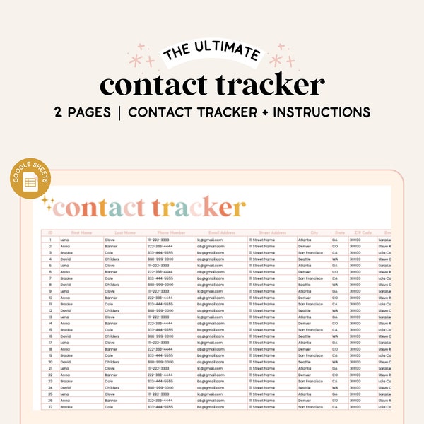Contact List Template | Address Book List | Contact Information | Client List | Client Tracker | Google Sheets | Contact Information Sheet