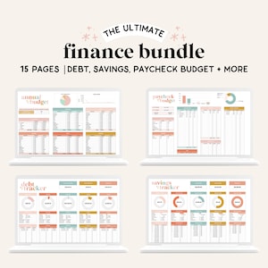May include: Four laptop screens displaying printable budget worksheets. The worksheets are titled "Annual Budget", "Paycheck Budget", "Debt Tracker", and "Savings Tracker". Each worksheet has a pie chart and a table with columns for date, category, income, and expenses.