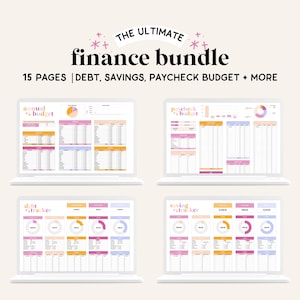 Può includere: Un download digitale di 15 pagine stampabili per la creazione di un budget, tra cui un budget annuale, un budget per lo stipendio, un tracker del debito e un tracker dei risparmi. Le pagine sono progettate con uno schema di colori rosa, giallo e blu.