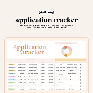 May include: A laptop screen displaying a colorful application tracker spreadsheet with the title "Application Tracker". The spreadsheet includes columns for company, title, date applied, date contacted, documents submitted, and notes. The spreadsheet is divided into two sections: "Applications" and "Application Status".