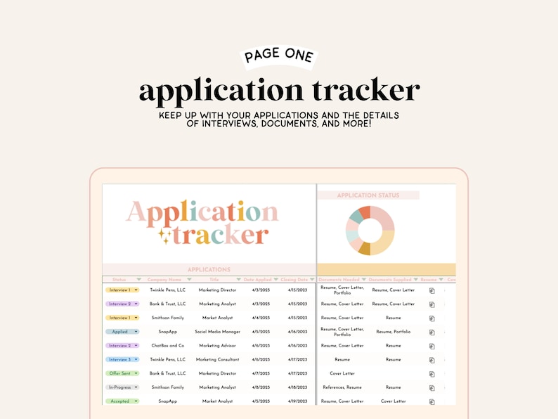 May include: A laptop screen displaying a colorful application tracker spreadsheet with the title "Application Tracker". The spreadsheet includes columns for company, title, date applied, date contacted, documents submitted, and notes. The spreadsheet is divided into two sections: "Applications" and "Application Status".