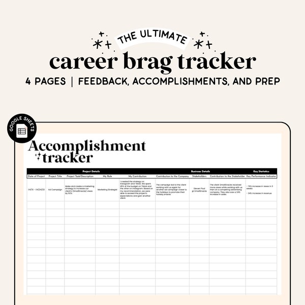 Brag Sheet Spreadsheet | Google Sheets | Accomplishment Tracker | Career Tracker | Results Tracker | Career Development | Brag Book Template