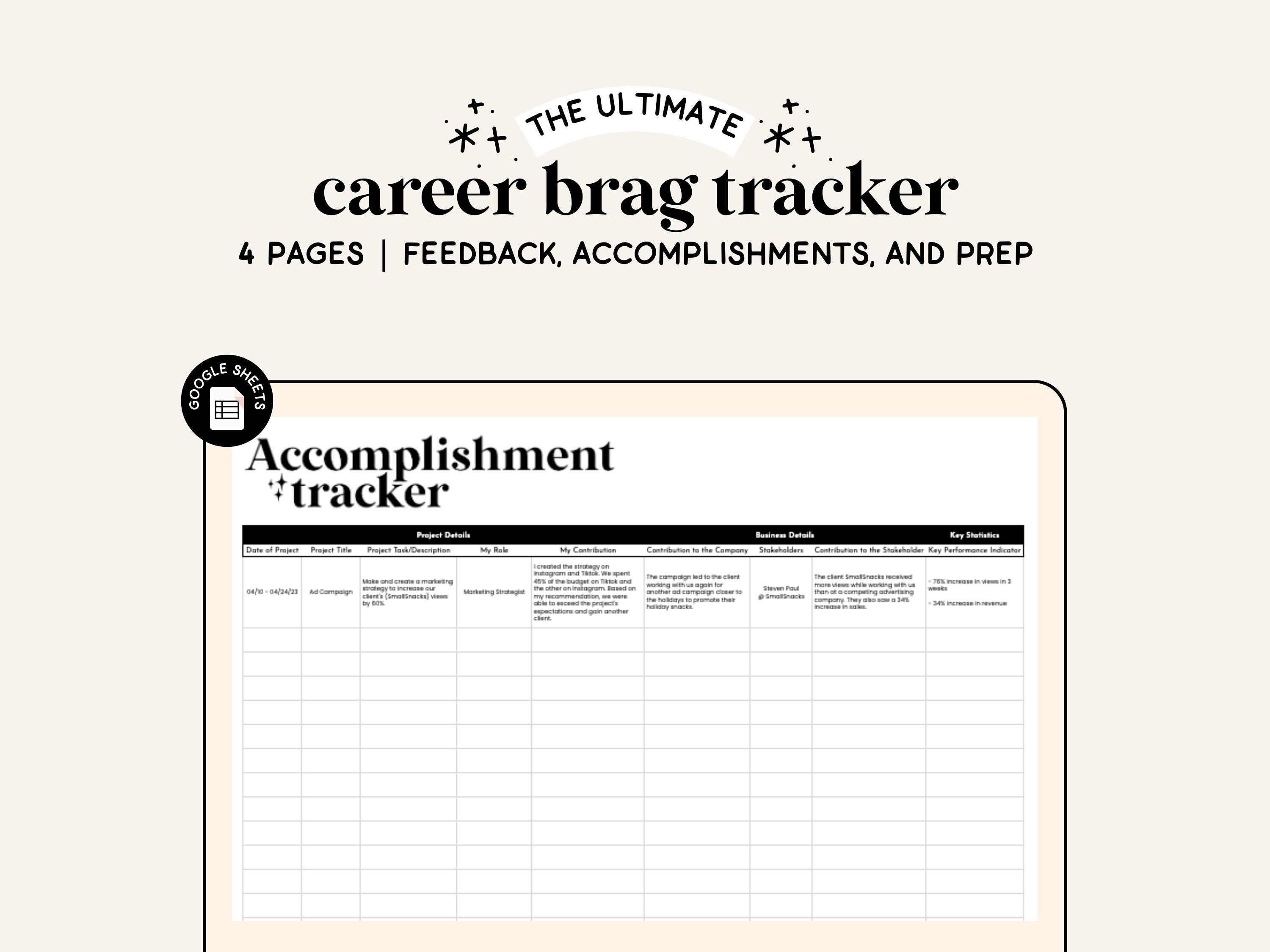 Brag Sheet Spreadsheet Google Sheets Accomplishment Tracker Career Tracker  Results Tracker Career Development Brag Book Template -  Canada