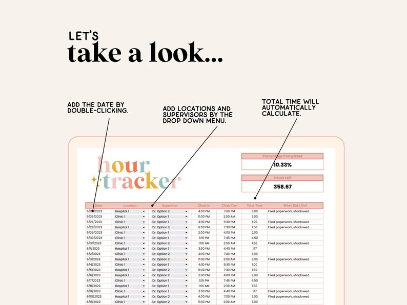 May include: A screenshot of a digital hour tracker spreadsheet with a colorful title "hour + tracker". The spreadsheet includes columns for date, location, supervisor, check-in, check-out, total time, and what you did. The spreadsheet also includes a progress bar showing 10.33% completed and 358.67 hours left.