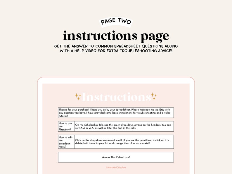 May include: A pink and white digital page with instructions on how to use a spreadsheet. The page includes a title "Instructions Page" and a section titled "Instructions" with instructions on how to use the filter/sort and edit the dropdown menu. The page also includes a link to a video tutorial.