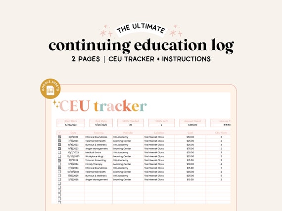 Continuing Education Spreadsheet | Google Sheets | CEU Tracker | Professional Development | Hours Log for Teacher, Nurses, SW, SLP, Career