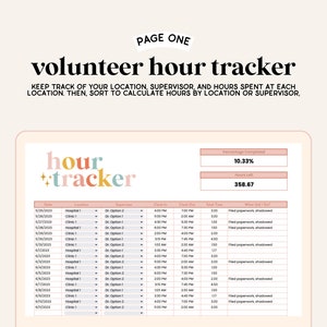 May include: A digital volunteer hour tracker spreadsheet with a pink and blue color scheme. The spreadsheet includes columns for date, location, supervisor, clock in, clock out, total time, and what did I do. The spreadsheet also includes a progress bar showing 10.33% completed and 358.67 hours left.