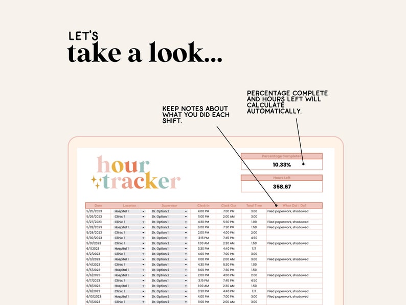 May include: A digital planner with a pink, yellow, and blue color scheme. The planner is titled "hour ++tracker" and includes a table with columns for date, location, supervisor, check-in, check-out, total time, and what you did. The planner also includes a section for percentage complete and hours left, which are automatically calculated. The percentage complete is 10.33% and the hours left are 358.67.