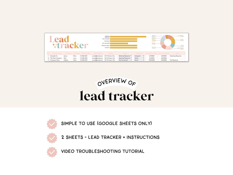 Puede incluir: Un gr&aacute;fico rosa y amarillo con el texto "Lead tracker" y una descripci&oacute;n del producto como "Simple de usar (solo Google Sheets)", "2 hojas - Lead tracker + instrucciones", y "Tutorial de resoluci&oacute;n de problemas en video".