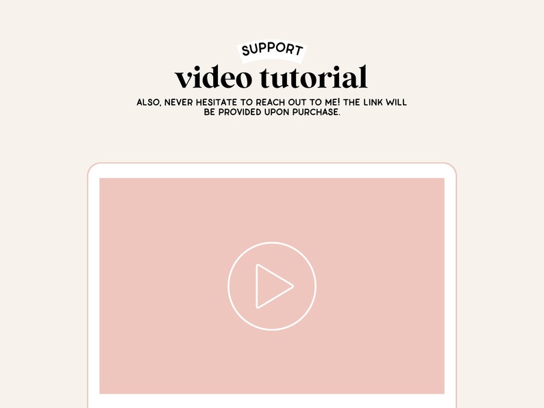Puede incluir: Una pantalla de port&aacute;til rosa con un icono de reproducci&oacute;n blanco en el centro. El texto "SUPPORT video tutorial ALSO, NEVER HESITATE TO REACH OUT TO ME! THE LINK WILL BE PROVIDED UPON PURCHASE." se muestra encima de la pantalla del port&aacute;til.