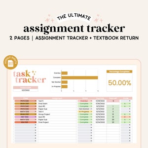 Assignment Tracker | School Spreadsheet | Google Sheets | Book Tracker | Task Spreadsheet | College Spreadsheet | Student Spreadsheet |