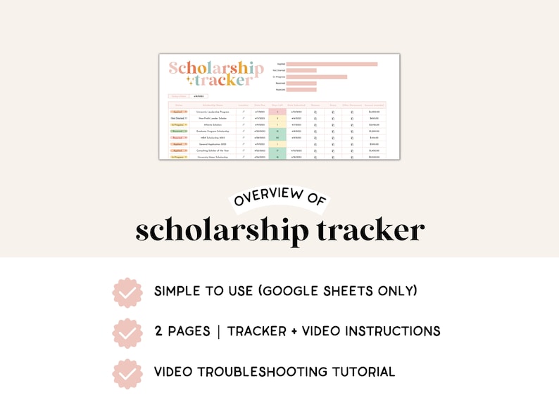 Puede incluir: Una hoja de c&aacute;lculo digital titulada "Scholarship Tracker" con un dise&ntilde;o colorido. La hoja de c&aacute;lculo incluye una lista de becas, fechas l&iacute;mite y el estado de la solicitud. El texto "SIMPLE TO USE (GOOGLE SHEETS ONLY)", "2 PAGES | TRACKER + VIDEO INSTRUCTIONS" y "VIDEO TROUBLESHOOTING TUTORIAL" se enumeran debajo de la hoja de c&aacute;lculo.