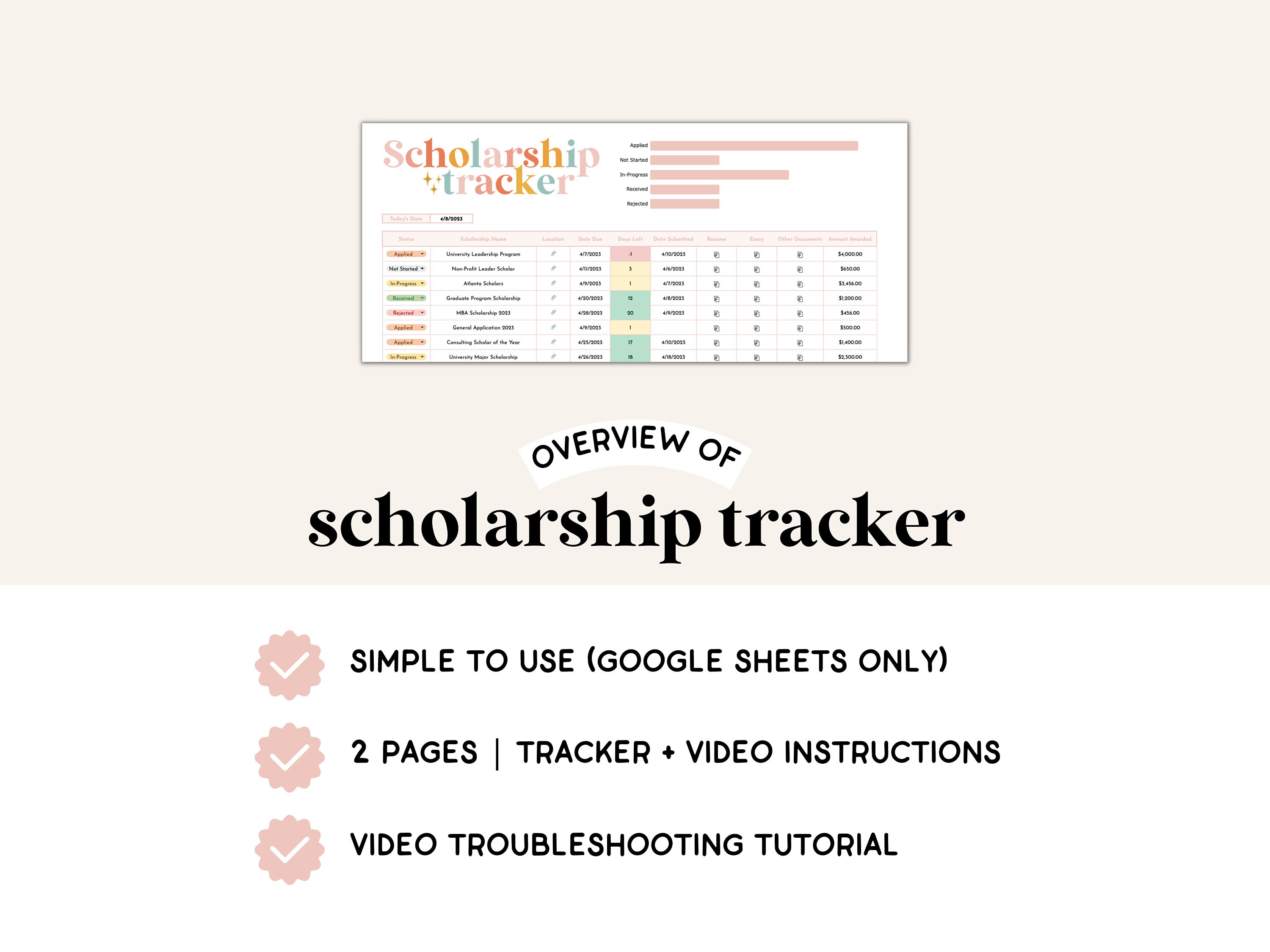 Scholarship Spreadsheet Google Sheets School Tracker Etsy