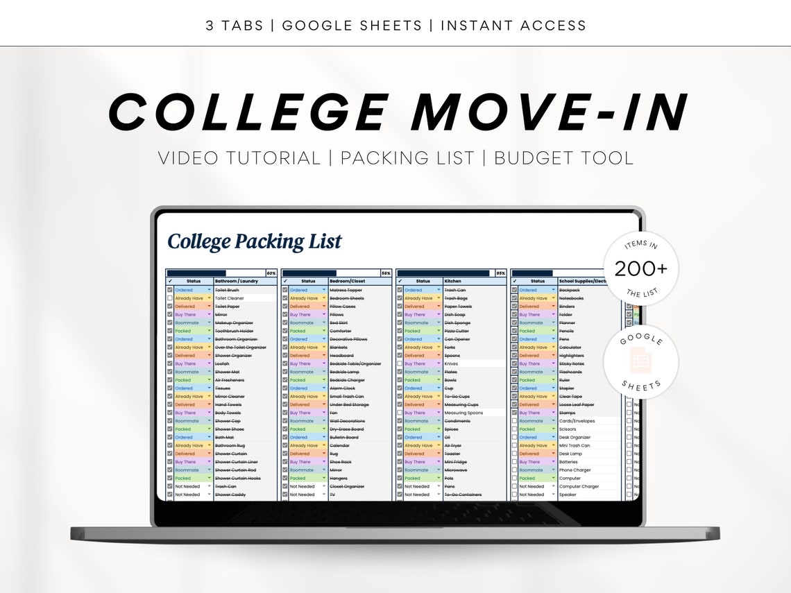College Move in Checklist | College Move in Spreadsheet | Dorm ...