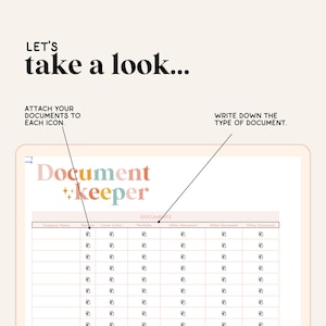 May include: A digital document keeper template with a pink, blue, and yellow color scheme. The template has columns for different types of documents, such as expense reports, cover letters, and receipts. The template is designed to help users organize their documents and keep track of them.