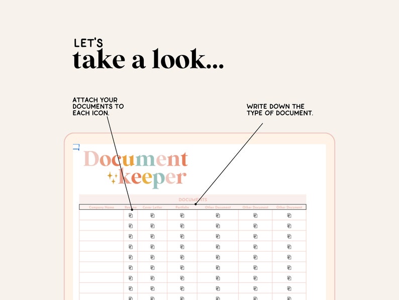 May include: A digital document keeper template with a pink, blue, and yellow color scheme. The template has columns for different types of documents, such as expense reports, cover letters, and receipts. The template is designed to help users organize their documents and keep track of them.