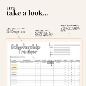 May include: A digital scholarship tracker with a table to track scholarship applications. The table includes columns for scholarship name, location, date due, days left, date submitted, resume, essay, and other docs. The table is on a tablet screen with the text "Scholarship Tracker" at the top.