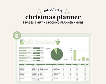 May include: A green and white Google Sheets spreadsheet with the title "gift tracker" and a pie chart showing the percentage of a Christmas budget spent. The spreadsheet includes columns for recipient name, category, gift, store, budget, actual, difference, and bought.
