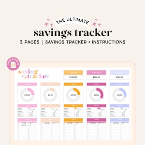 May include: A Google Sheets template for a savings tracker. The template has a pink, yellow, and blue color scheme. The template includes a progress bar, a total savings amount, and a table to track savings goals. The text on the template reads "The Ultimate Savings Tracker" and "2 Pages | Savings Tracker + Instructions".
