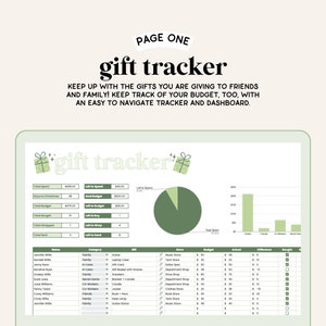May include: A green and white digital spreadsheet with the title "gift tracker" and a pie chart showing the percentage of a budget spent. The spreadsheet includes columns for names, categories, gifts, stores, budgets, actuals, differences, and whether the gift has been bought.