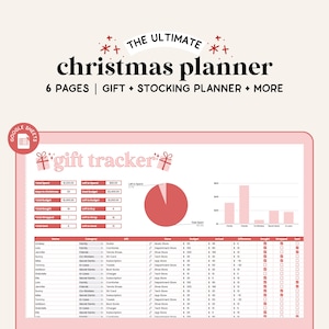 May include: A pink and red Google Sheet spreadsheet titled "gift tracker" with a pie chart and bar graph. The spreadsheet includes columns for name, category, budget, and store.