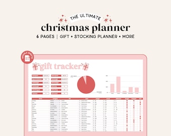 May include: A pink and red Google Sheet spreadsheet titled "gift tracker" with a pie chart and bar graph. The spreadsheet includes columns for name, category, budget, and store.