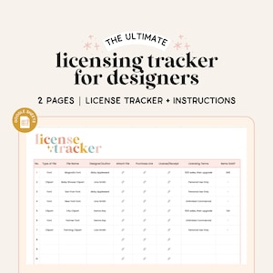 Może przedstawiać: Cyfrowy tracker licencji dla projektantów, wyświetlany na tablecie. Tekst brzmi "THE ULTIMATE licensing tracker for designers" i "2 PAGES | LICENSE TRACKER + INSTRUCTIONS". Tracker zawiera pola dla typu pliku, nazwy pliku, projektanta i warunków licencji.
