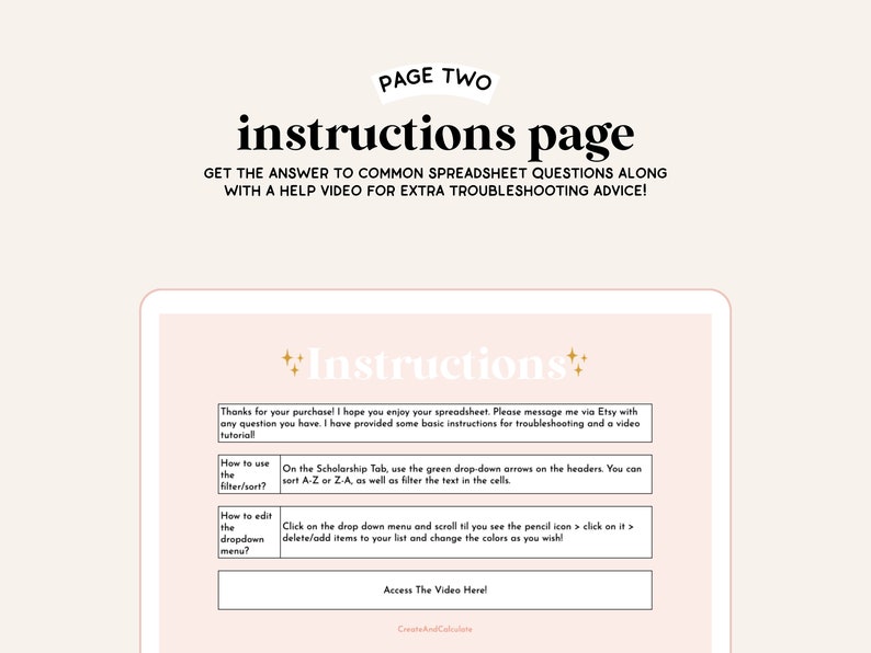 Puede incluir: Una p&aacute;gina de instrucciones de descarga digital rosa y blanca para una hoja de c&aacute;lculo. La p&aacute;gina incluye instrucciones sobre c&oacute;mo usar el filtro/ordenar y editar el men&uacute; desplegable. Tambi&eacute;n incluye un enlace para acceder a un tutorial en video.