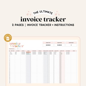 May include: A Google Sheets spreadsheet template for tracking invoices. The spreadsheet is titled "invoice tracker" and has columns for invoice number, first name, last name, contact, status, date issued, date due, payment method, amount due, amount paid, amount left, last updated, and notes. The spreadsheet also has a section at the top for tracking the total amount left, amount paid, and number of invoices sent.