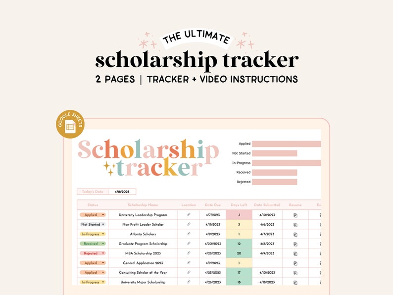 Puede incluir: Una hoja de c&aacute;lculo de Google Sheet con un t&iacute;tulo colorido "Scholarship Tracker" y una tabla con columnas para el nombre de la beca, la ubicaci&oacute;n, la fecha de vencimiento, los d&iacute;as restantes, la fecha de env&iacute;o, el curr&iacute;culum y las notas. La hoja de c&aacute;lculo est&aacute; dise&ntilde;ada para ayudar a realizar un seguimiento de las solicitudes de becas.