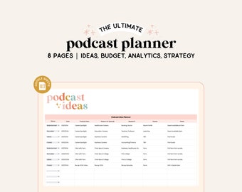 Podcast Planner, Podcast Spreadsheet,Google Sheets, Podcast Budget, Podcast Analytics, Podcast Starter Kit, Podcast Content, Digital Planner
