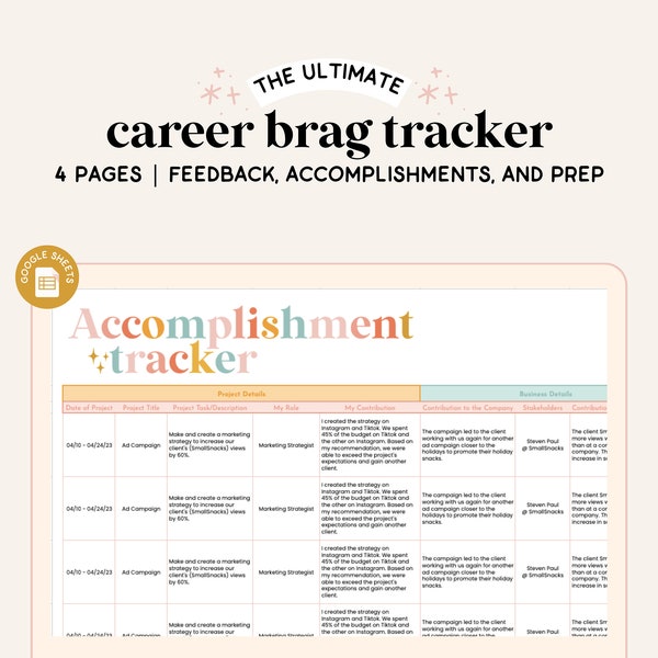 Brag Sheet Spreadsheet | Google Sheets | Accomplishment Tracker | Career Tracker | Results Tracker | Career Development | Brag Book Template