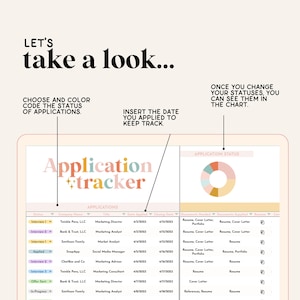 May include: A laptop screen displaying a colorful application tracker with the text "Application tracker" in a stylized font. The tracker includes a chart with a pie graph and a table with columns for company name, job title, date applied, closing date, resume, cover letter, and documents submitted.