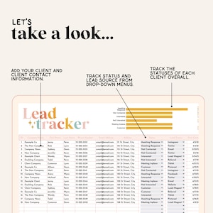 Puede incluir: Una captura de pantalla de una pantalla de computadora que muestra una hoja de c&aacute;lculo con el t&iacute;tulo "Lead #tracker". La hoja de c&aacute;lculo se utiliza para rastrear la informaci&oacute;n del cliente, incluido el nombre, el n&uacute;mero de tel&eacute;fono, la direcci&oacute;n de correo electr&oacute;nico y la fuente del cliente potencial. La hoja de c&aacute;lculo tambi&eacute;n incluye un gr&aacute;fico de barras que muestra el estado de cada cliente.