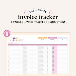 Puede incluir: Una plantilla de hoja de cálculo de Google Sheets para realizar un seguimiento de las facturas. La plantilla se titula "The Ultimate Invoice Tracker" e incluye dos páginas: un rastreador de facturas e instrucciones. La hoja de cálculo tiene columnas para el número de factura, el nombre del cliente, la fecha de la factura, la fecha de vencimiento, el importe y el estado del pago.