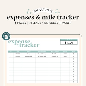 Puede incluir: Una plantilla de hoja de cálculo de Google Sheets para realizar un seguimiento de los gastos y el kilometraje. La hoja de cálculo tiene columnas para ID, Fecha, Producto, Descripción/Notas, Lugar de compra, Cantidad y Recibo. El total para el año es de 49,00 €.