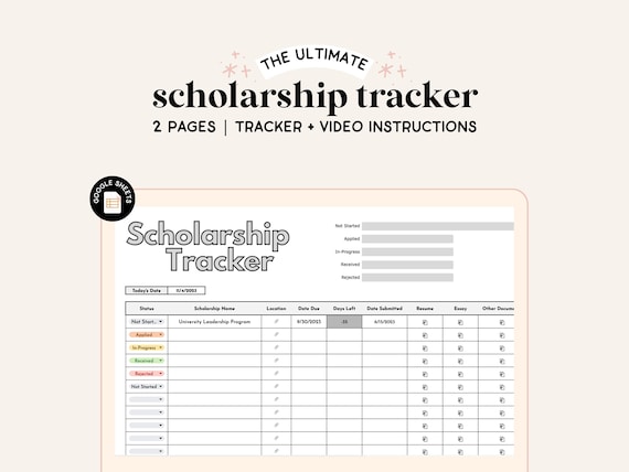 Scholarship Spreadsheet | Google Sheets | School Tracker | School Scholarship Tracker | College Spreadsheet | Student Spreadsheet | Grey